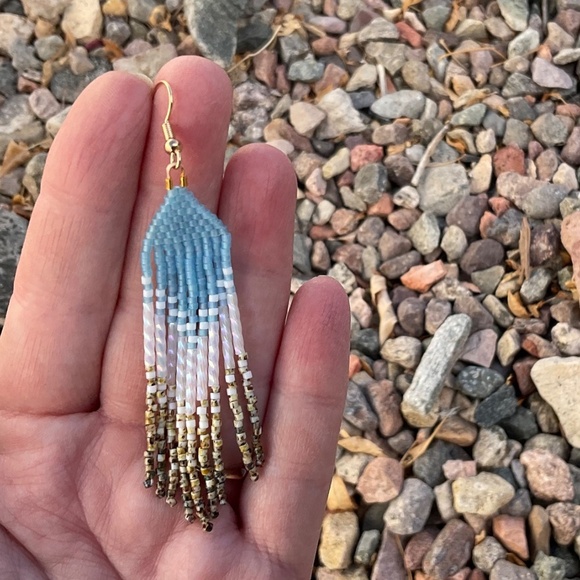 Sky Blue Beaded Earrings with Picasso Fringe, New, Handmade by Me - Picture 4 of 7
